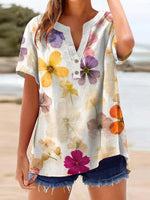 Attractive Floral Print V-neck Short Sleeve Top