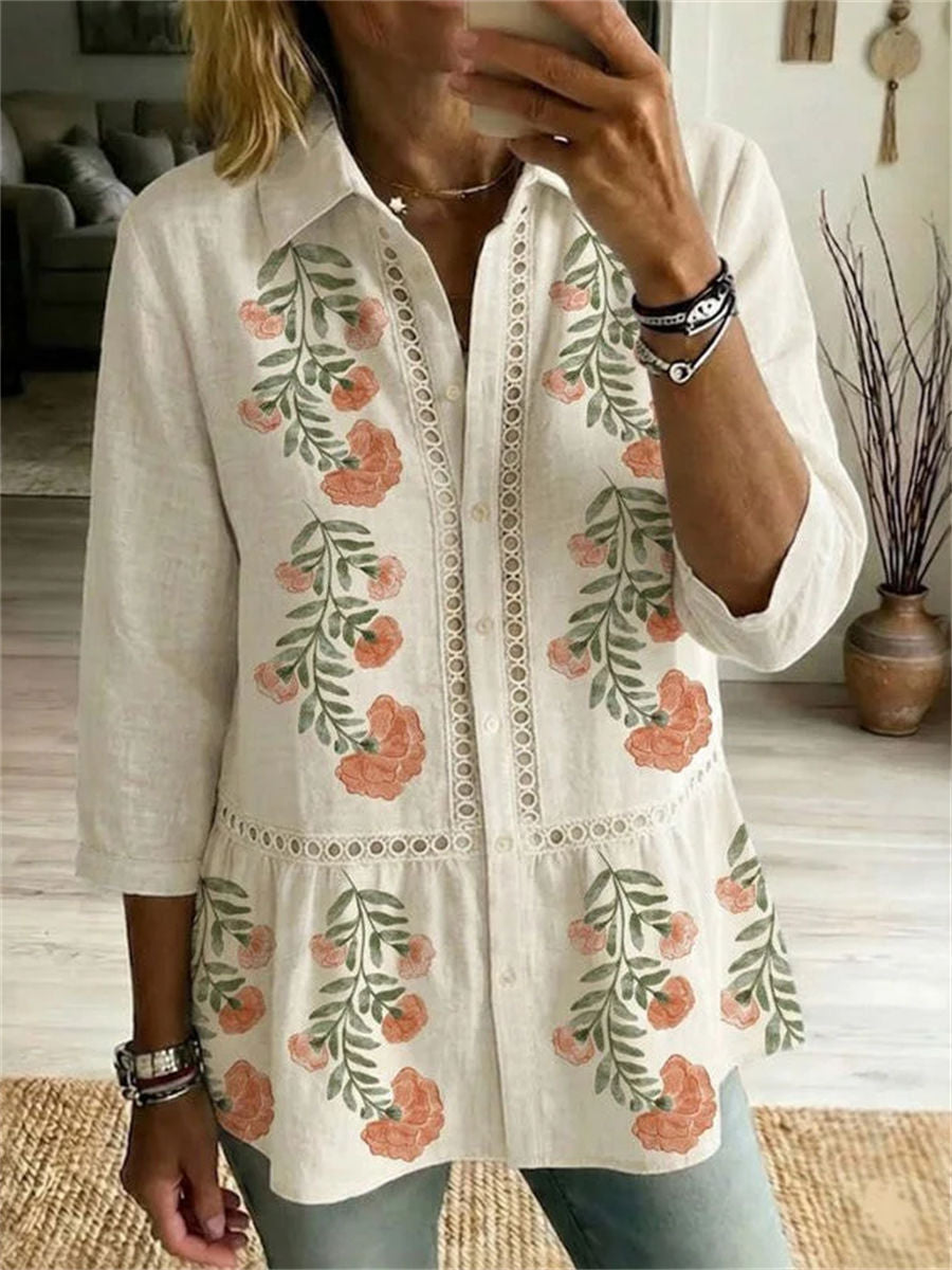 Vintage Floral Print 3/4 Sleeve Blouse