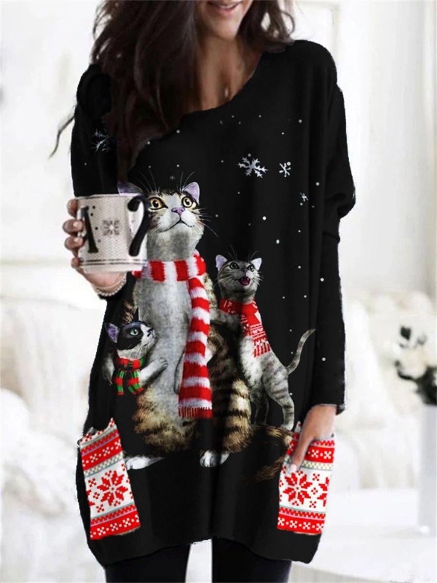 Black Casual Graphic Tops Round Neck Snowflake Cat Printed Long Sleeve Sweatshirt