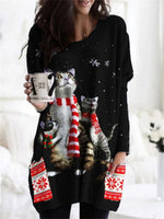 Black Casual Graphic Tops Round Neck Snowflake Cat Printed Long Sleeve Sweatshirt