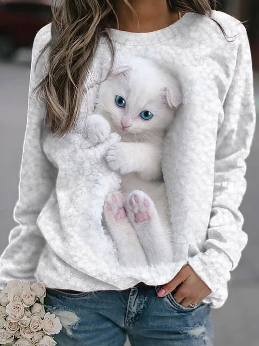 Fashion Cat Print Long-Sleeve Sweatshirt