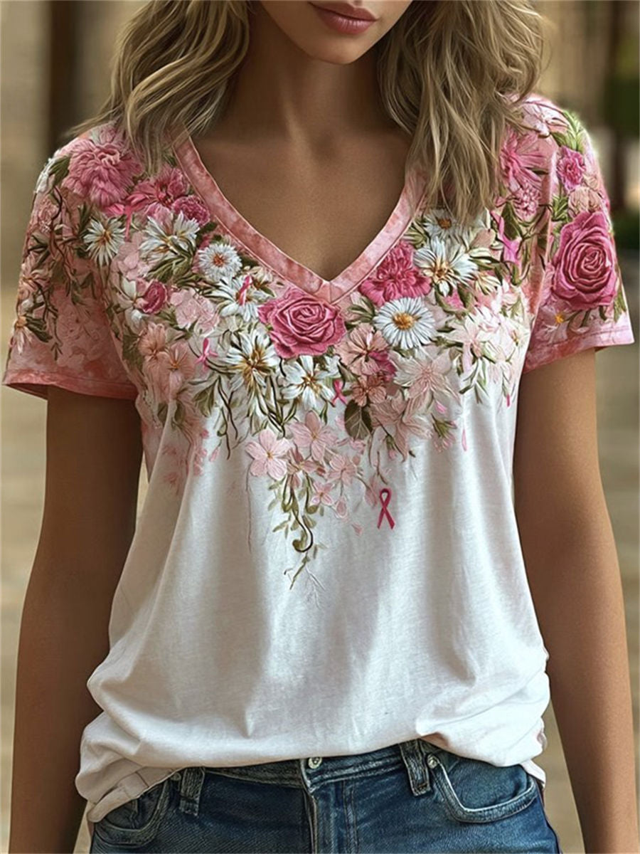 Casual Floral V Neck Short Sleeve T-shirt