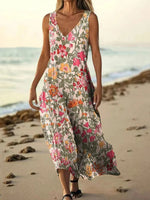 Vintage Floral Print V-neck Sleeveless Dress