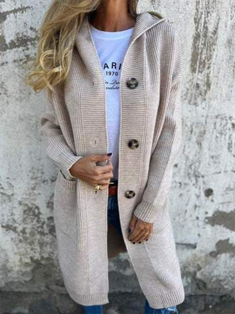 Solid Color PocketsHooded Knitted Jacket