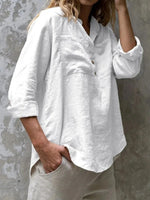 Casual Solid Color V-neck Long Sleeve White Blouse