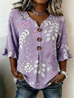 Vintage Leaf Print V-neck 3/4 Sleeve Blouse