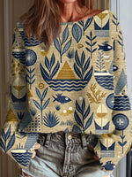 Women's Vintage Flower Art Print Casual Round Neck Long Sleeve Pullover Sweater