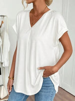 Elegant Solid Colour V-neck Short Sleeve Blouse