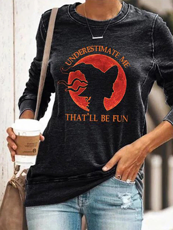 Black Casual Graphic Tops Round Neck Long Sleeve Witch Printed Halloween Sweatshirt