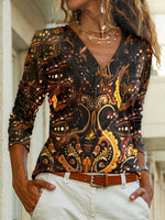 Black Casual V Neck Paisley Vintage Long Sleeve Blouse