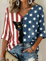 American Flag Cat Print Split V-Neck Long Sleeve Blouse