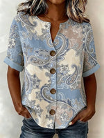 Casual V-neck Short Sleeve Floral Print Loose Shirt