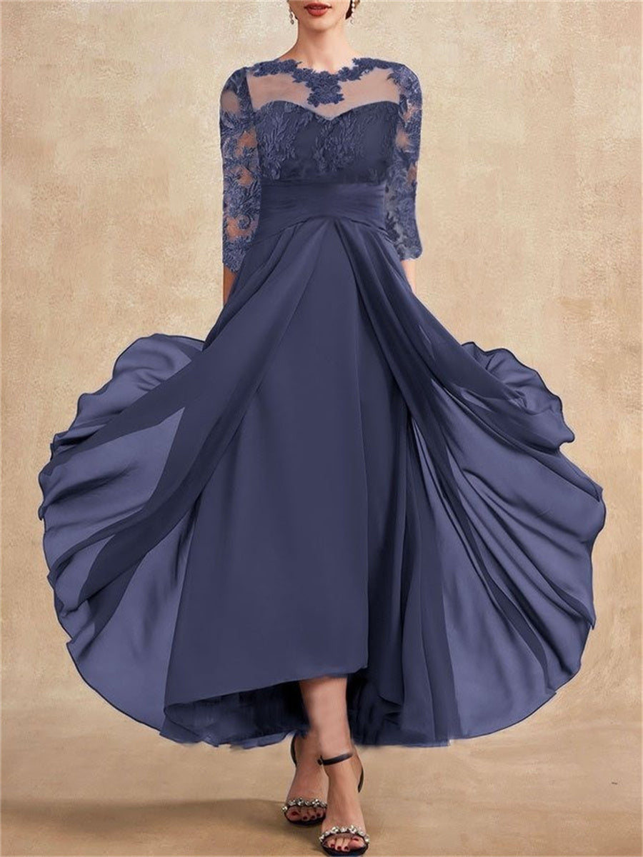 Chiffon Lace Crew Neck Blue Dress