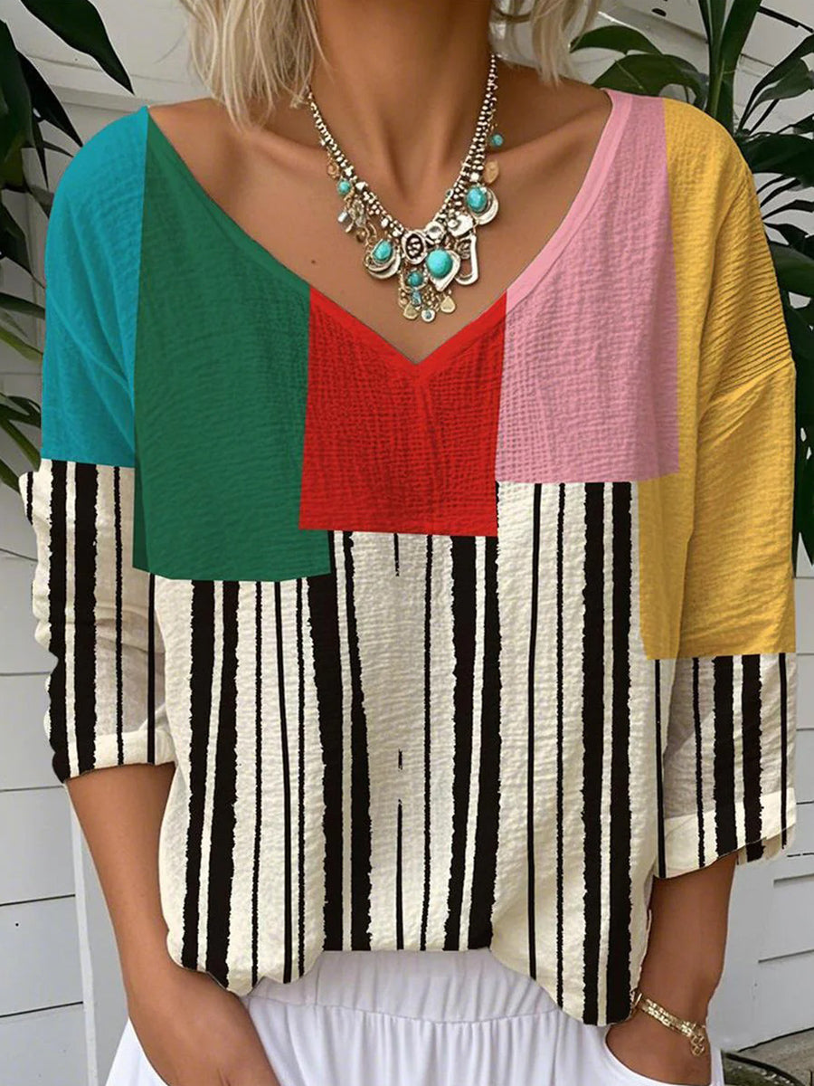 V-Neck Color Block Print Long Sleeve Top