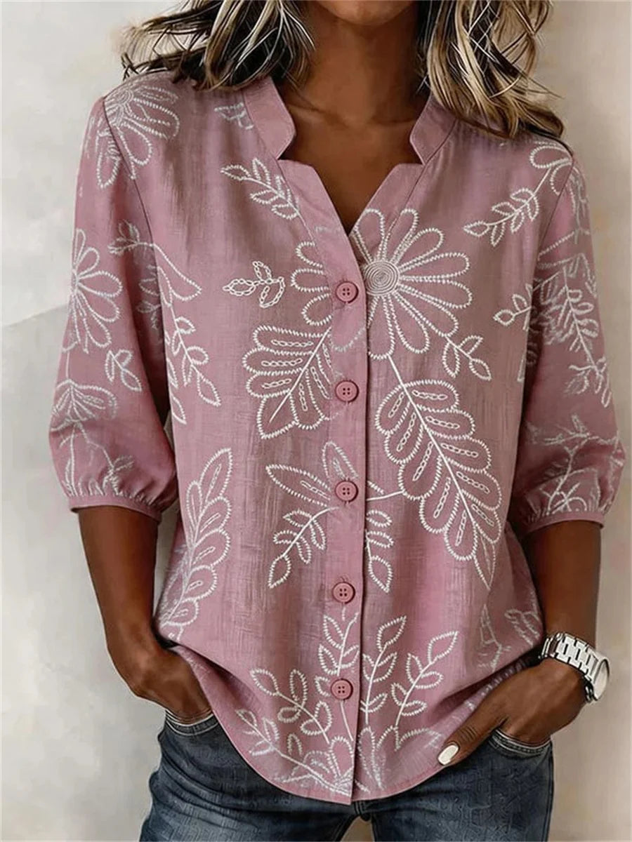 Vintage Leaf Print Half Sleeve Blouse