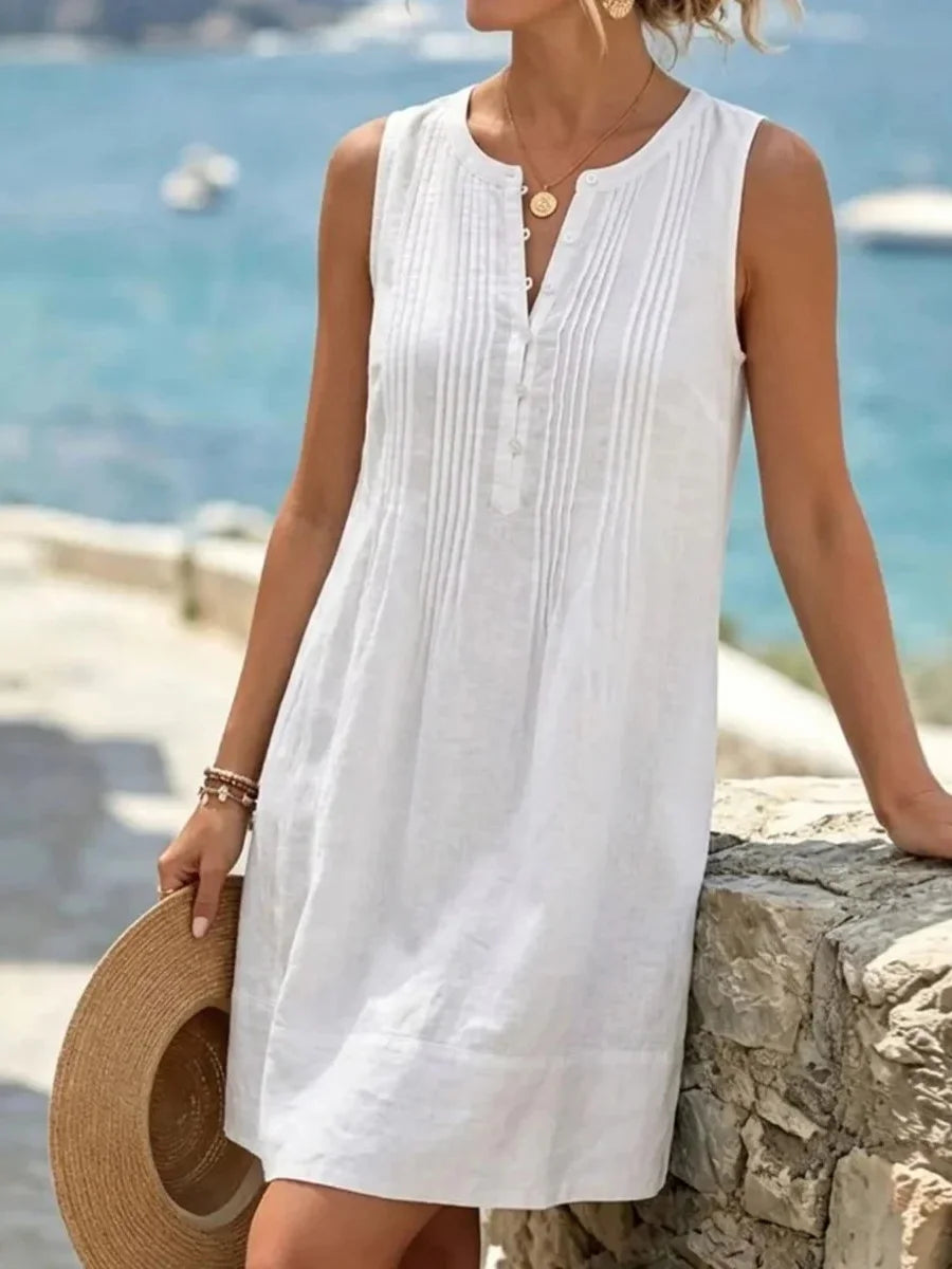 White Pleated Front Sleeveless Shift Dress