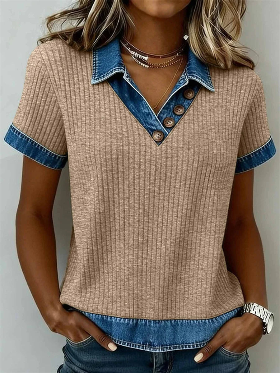 V Neck Short Sleeve Color Block Loose Blouse