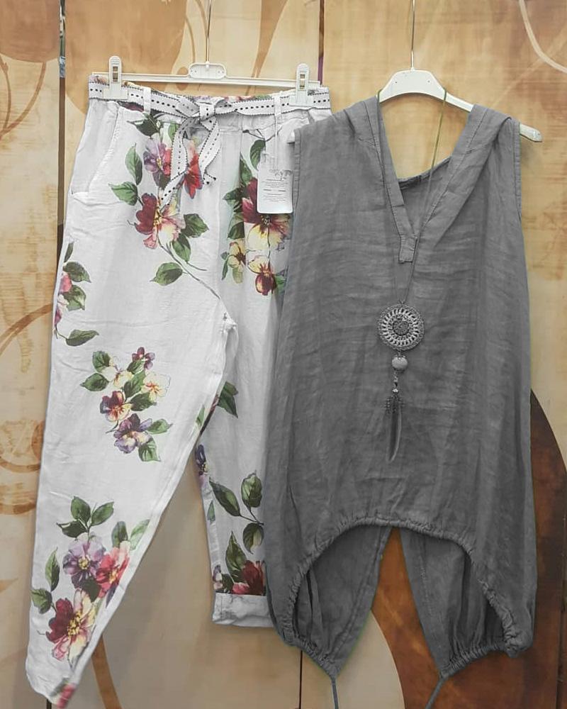 Casual Flower Printed Sleeveless Two Piece Set