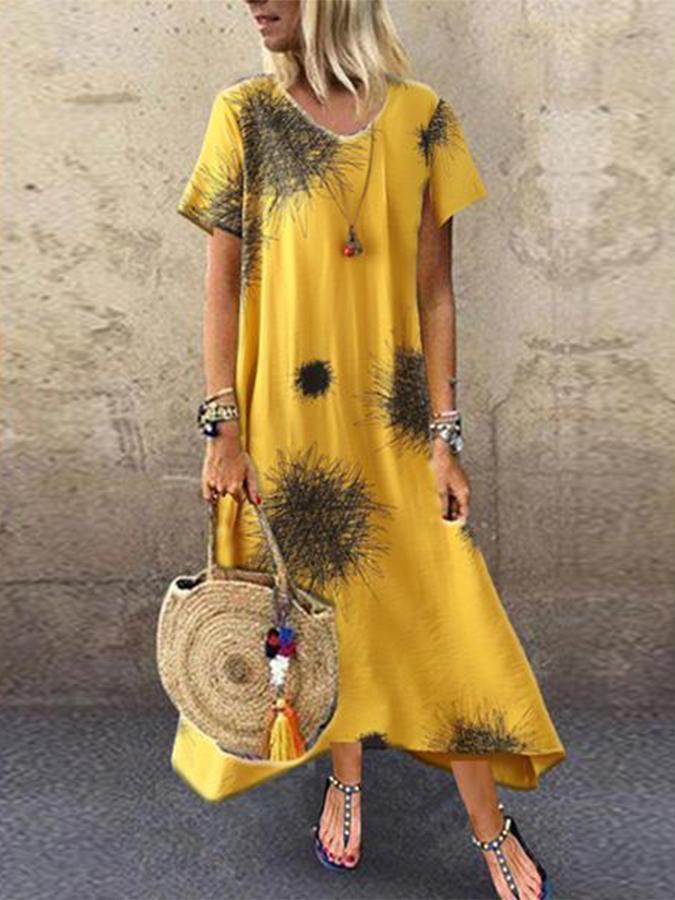 Round Neck Abstract Print Casual Vacation Short Sleeve Midi Dress