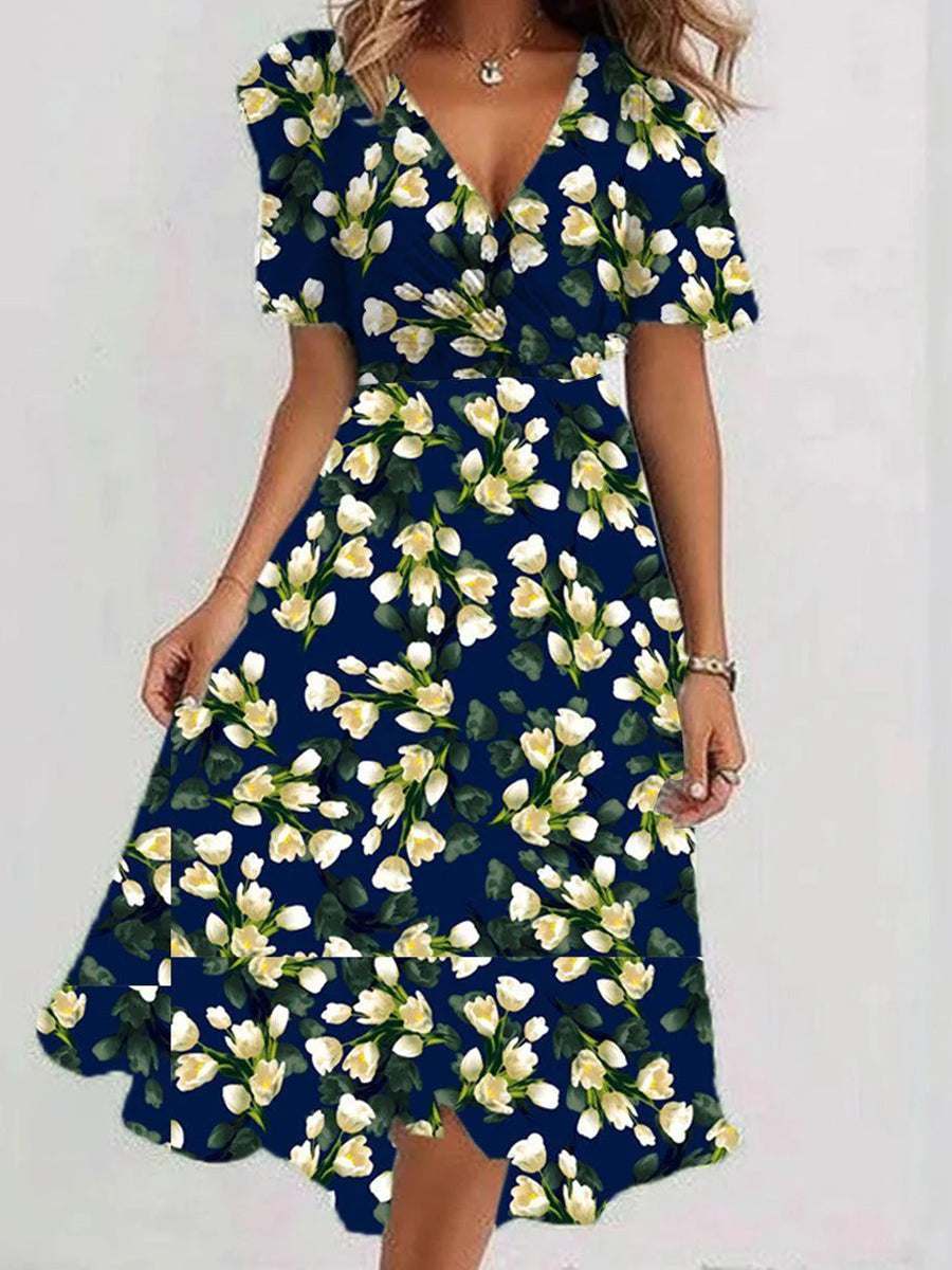 Vintage V-Neck Floral Print Short Sleeve Midi Dress