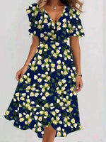 Vintage V-Neck Floral Print Short Sleeve Midi Dress