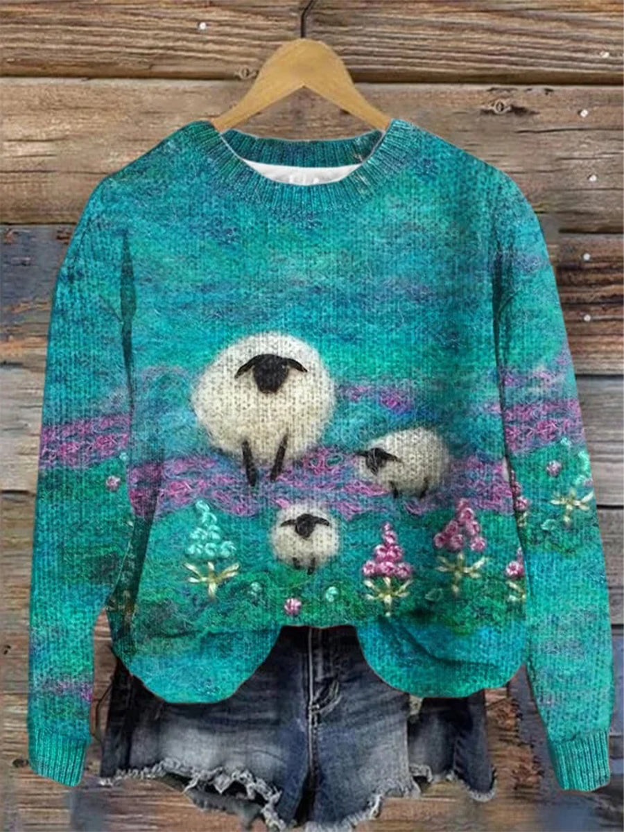 Vintage Cute Sheep Art Print Round Neck Long Sleeve Pullover Sweater