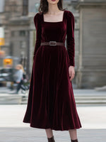 Elegant Square Neck Long Sleeve Plain Midi Dress