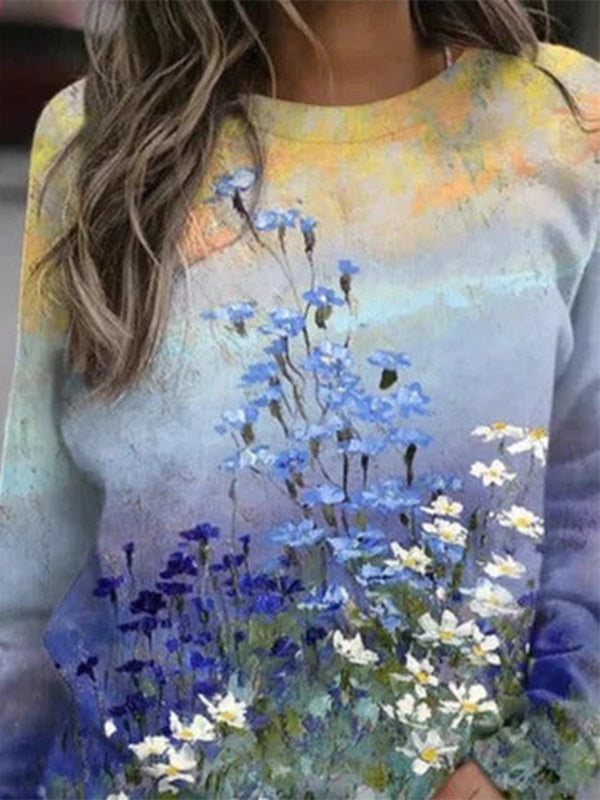 Multicolor Casual Graphic Tops Round Neck Long Sleeve Floral Printed Sweatshirts