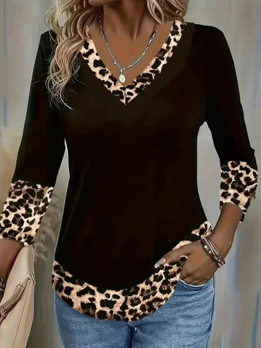 Casual Leopard Print V-neck Long Sleeve T-Shirt