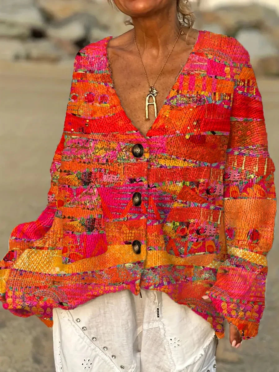 Women's Vintage Abstract Geometric Art Print V-neck Long Sleeve Casual Pullover Sweater