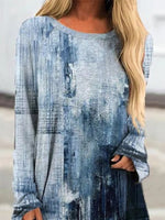 Blue Casual Graphic Tops Round Neck Long Sleeve Vintage Printed Sweatshirts
