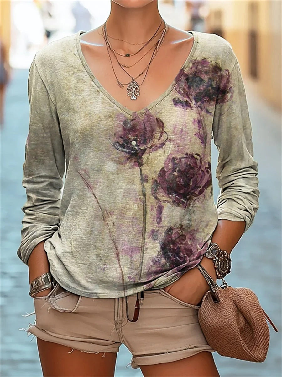 Floral Print V Neck Long Sleeve T-shirt