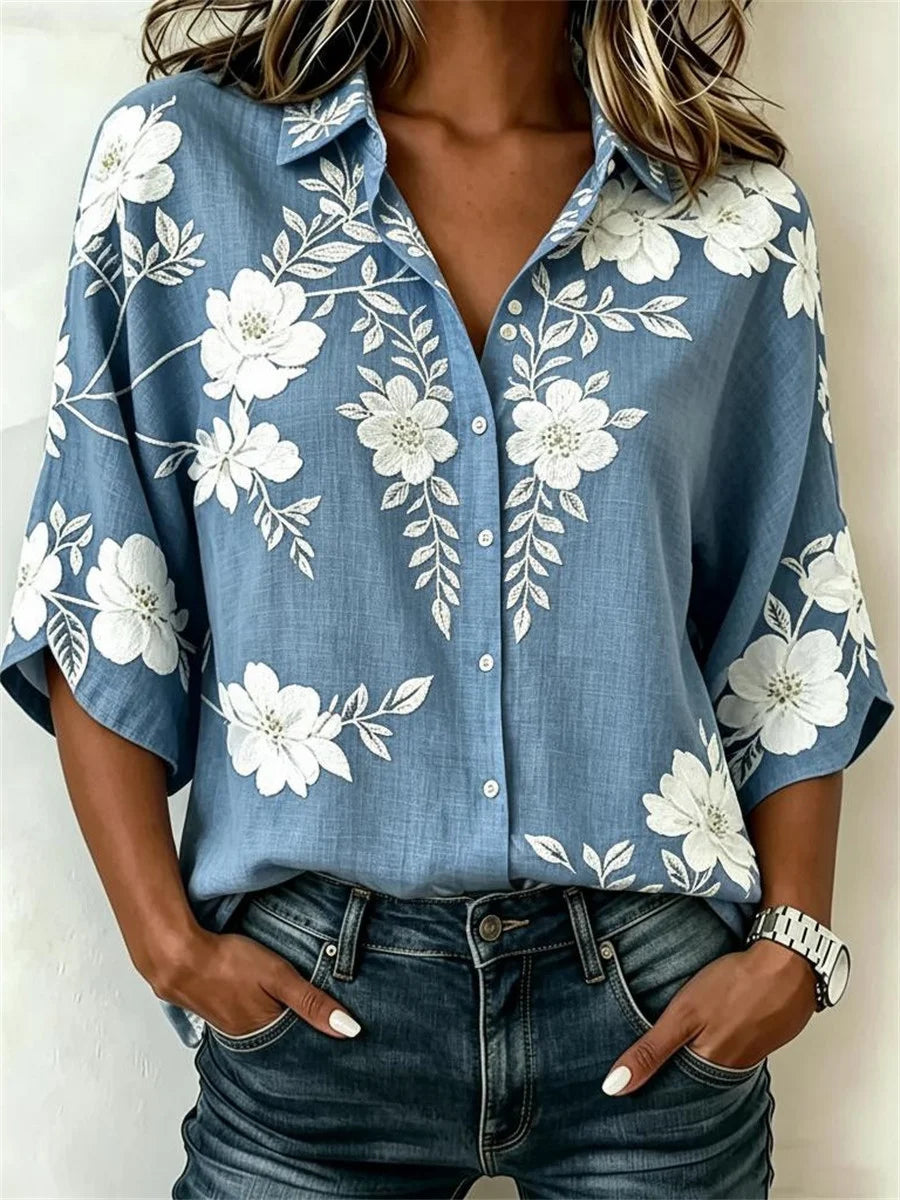 Oversized Floral Print 3/4 Sleeve Button-Down Shirt