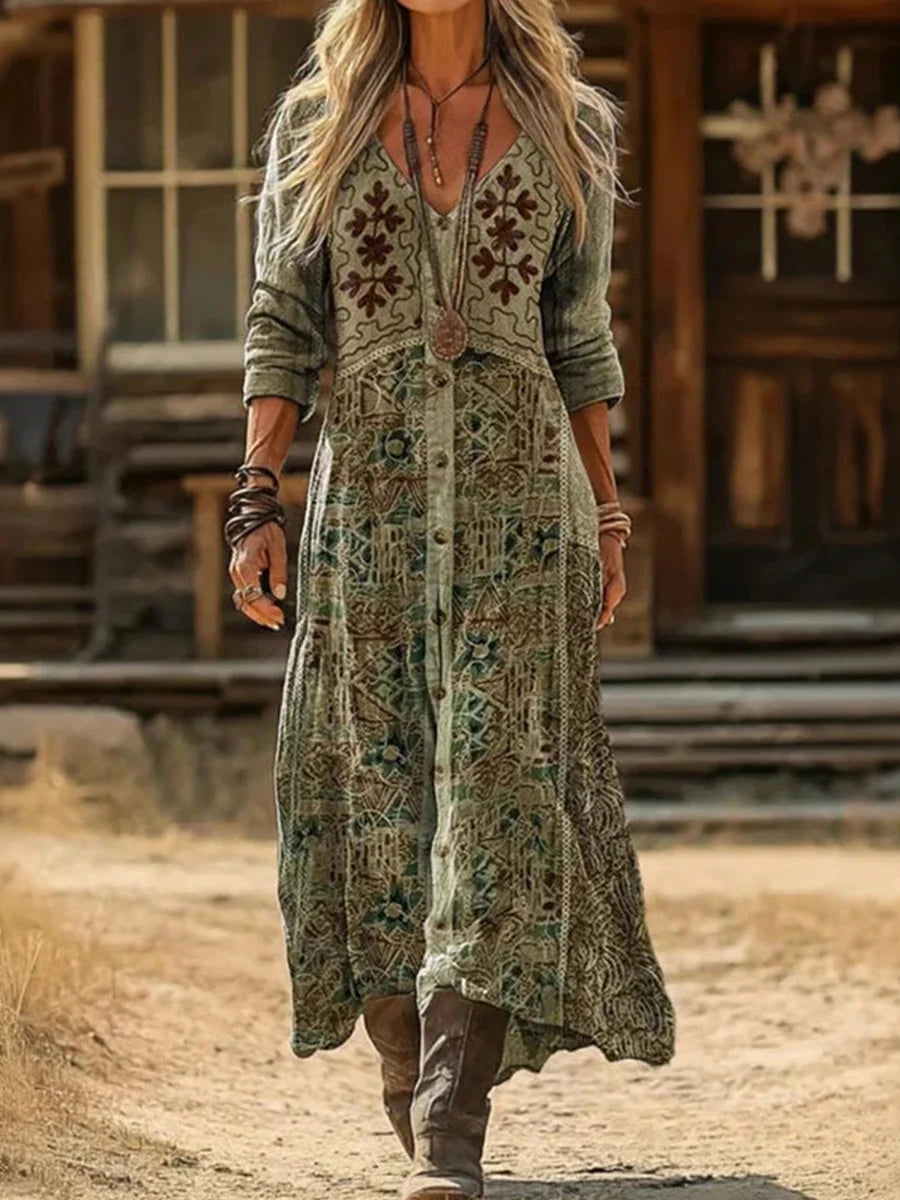 Casual Vintage V-neck Long Sleeve Dress