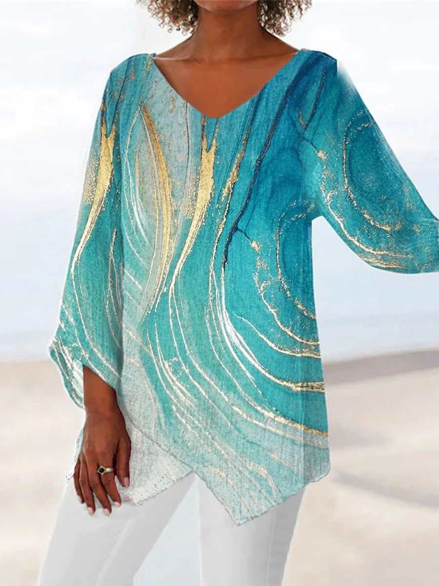 Women's Turquoise Print Long Sleeve V-Neck Asymmetrical Hem Blouse