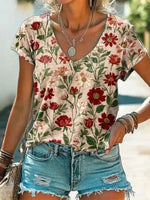 Vintage Floral Print V-neck Short Sleeve T-Shirt