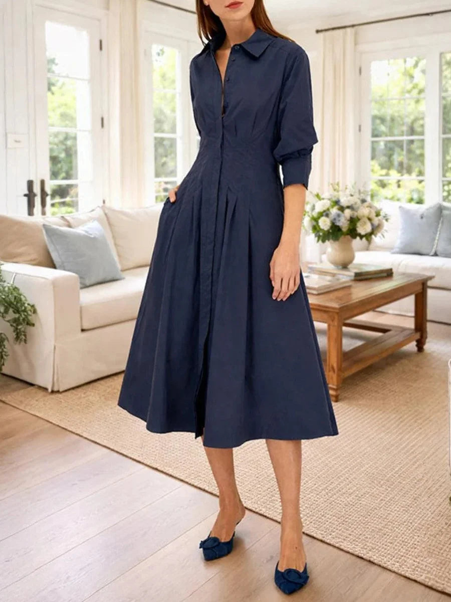 Navy Plain Long Sleeve Button Down Midi Dress