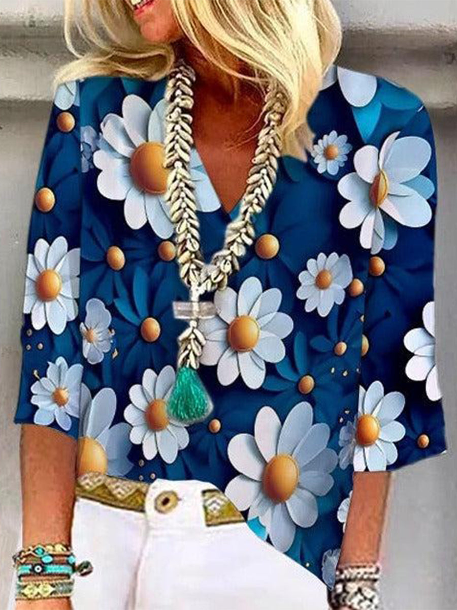 Chic Blue Floral Print 3/4 Sleeve Top