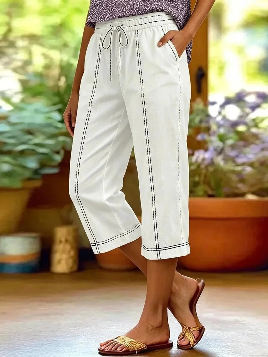 White Contrast Stitch Elastic Waist Drawstring Capri Pants