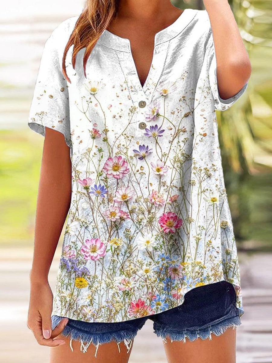 Chic Floral Print V-neck Short Sleeve Top