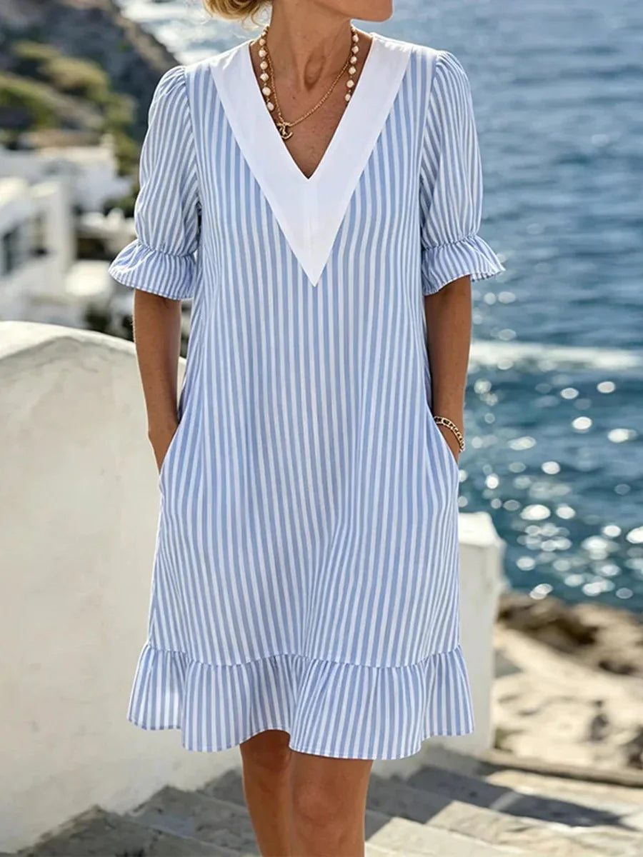 Blue Striped V-Neck Short Sleeve Dress
