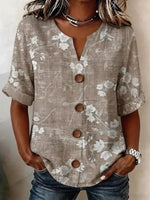 Distressed Floral Roll Cuff Notch Neck Short Sleeve Blouse