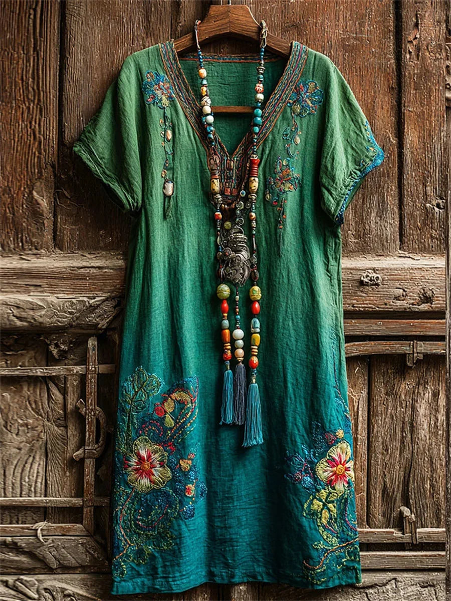 Women's Vintage Floral Art Flowy V-neck Short Sleeve Maxi Dress