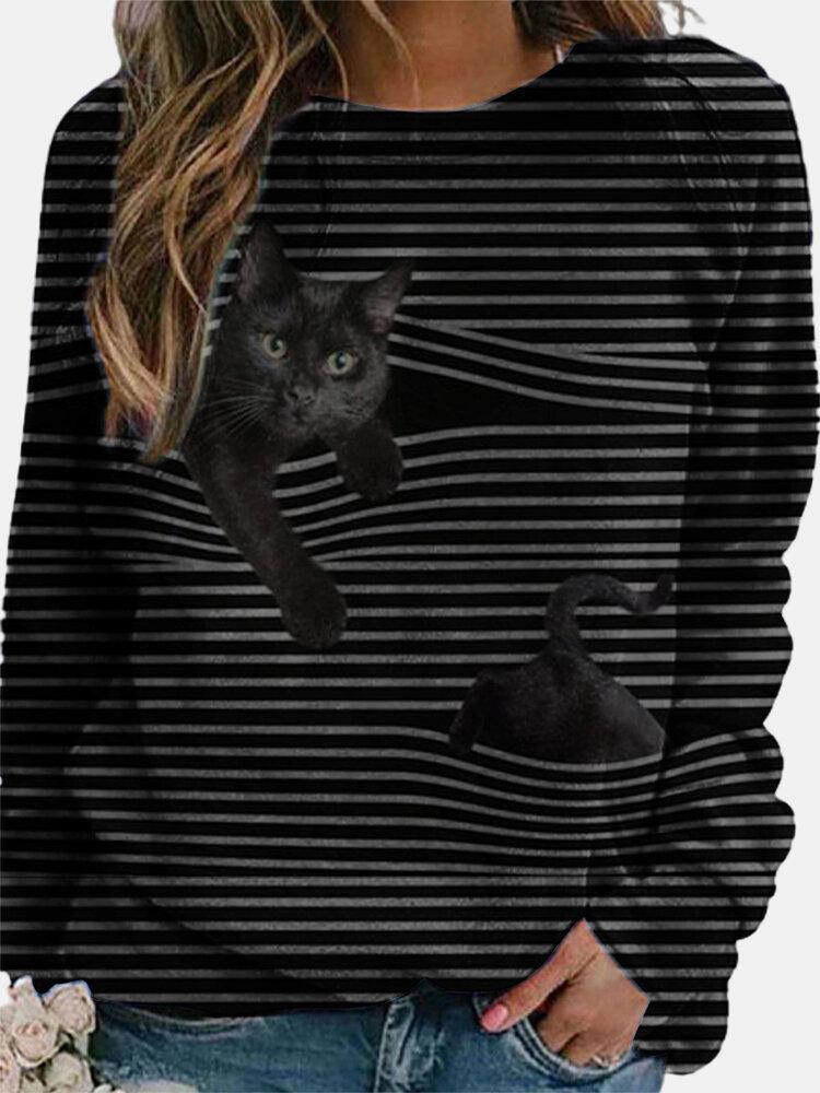 Stripe Cat Printed Round Neck Long Sleeve Casual Sweatshirt