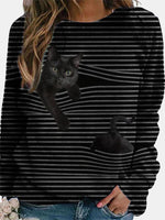 Stripe Cat Printed Round Neck Long Sleeve Casual Sweatshirt