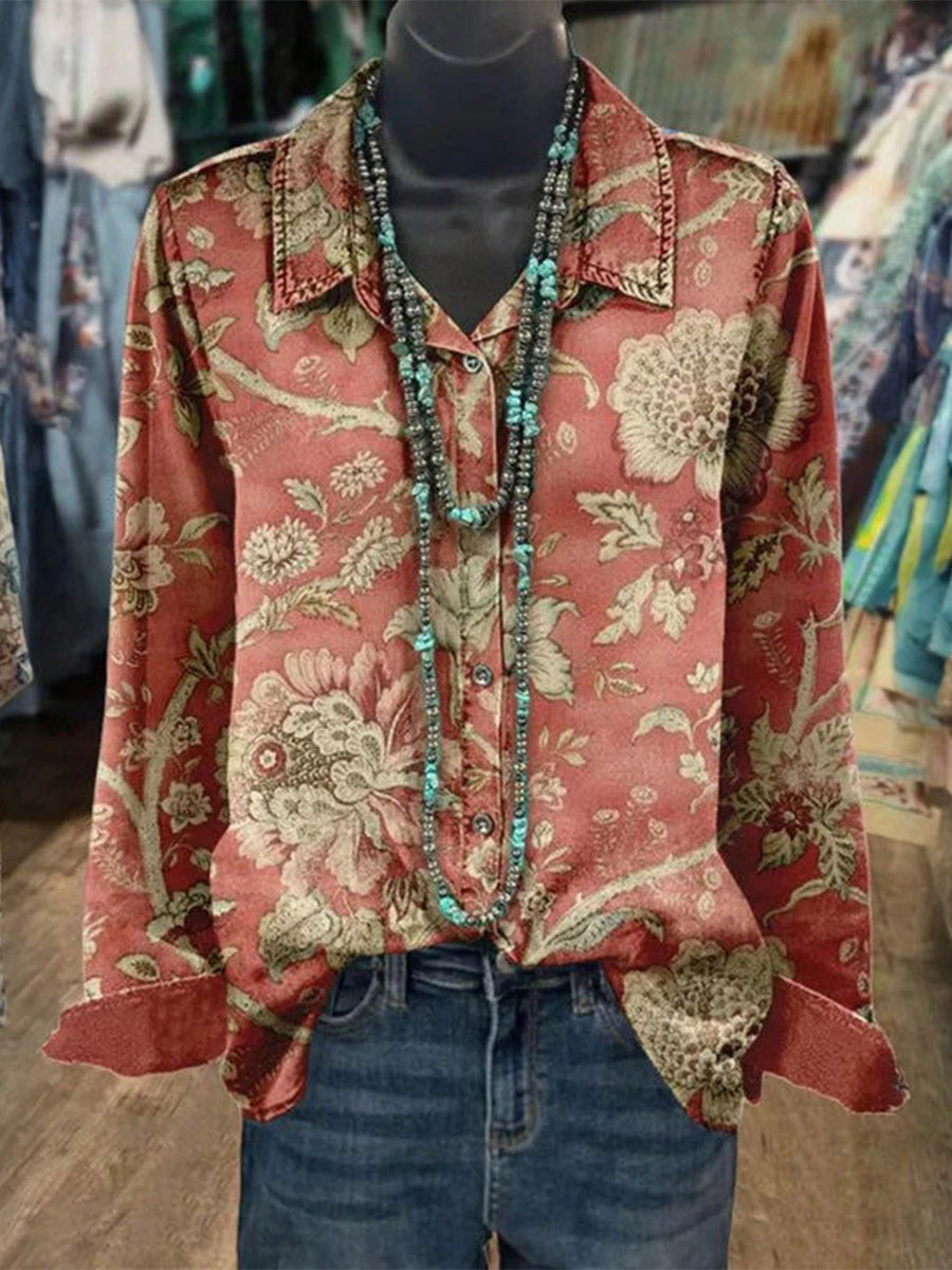 Vintage Floral Print Long Sleeve Blouse
