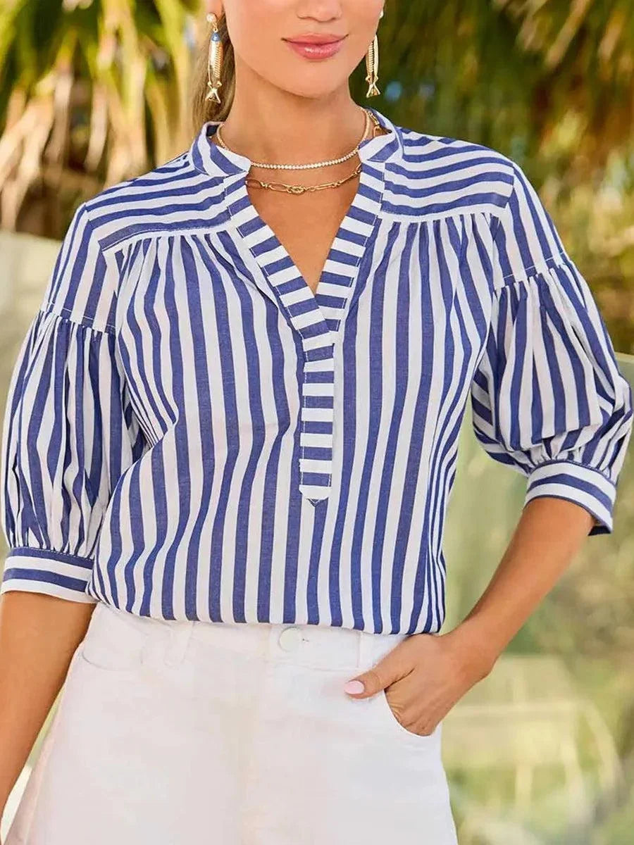 Blue White Stripe Puff Half Sleeve V-Neck Blouse