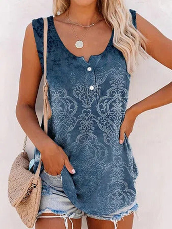 Blue Casual Round Neck Sleeveless Geometric Printed Blouse