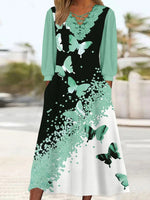 Women's Long Sleeve V-neck Graphic Printed Lace Stitching Midi Dress