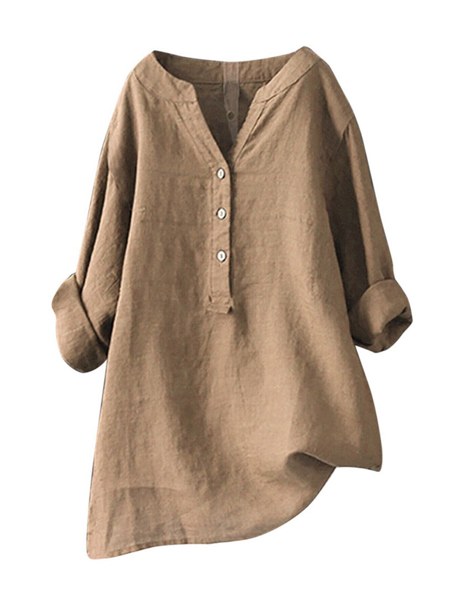 Standing Collar Solid Color Button Up Long Sleeve Top